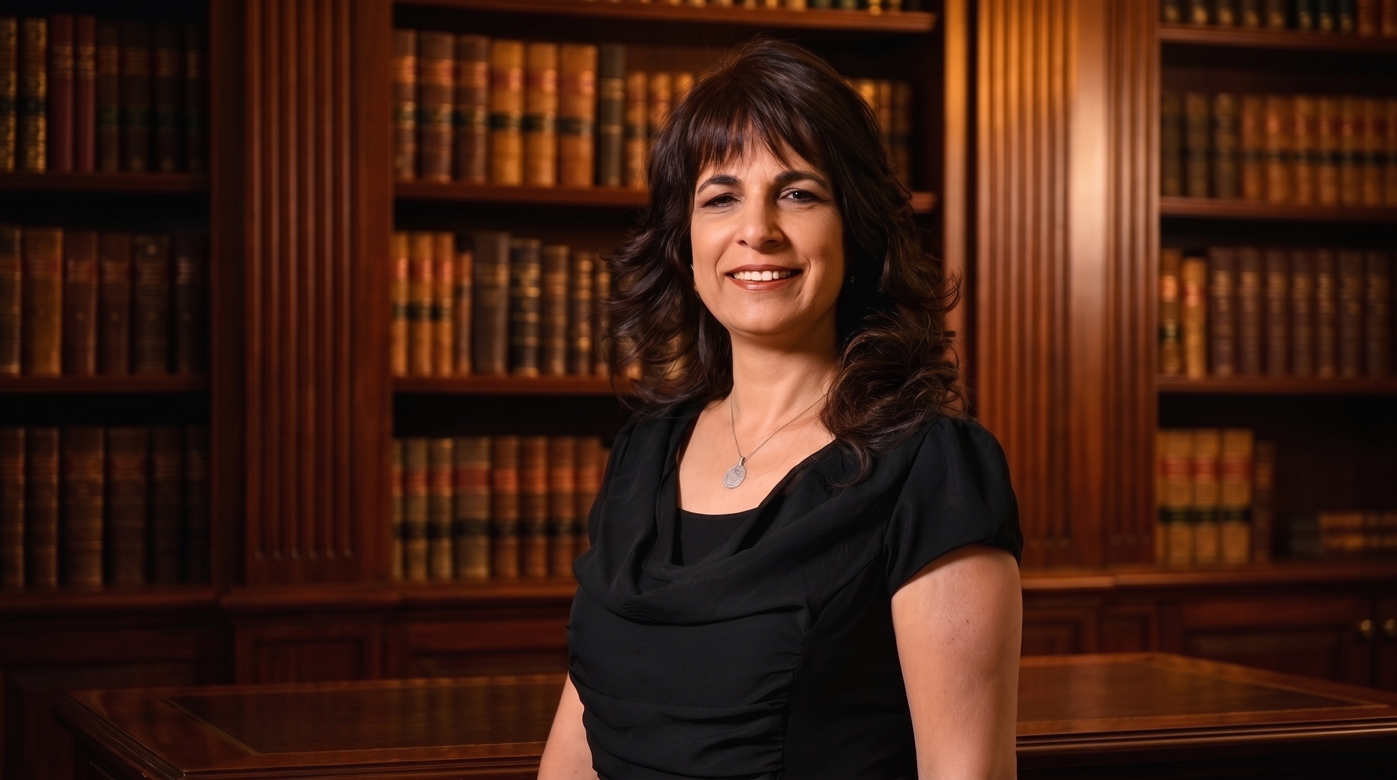 Nitsana Darshan-Leitner in a law library, scales of justice beside her